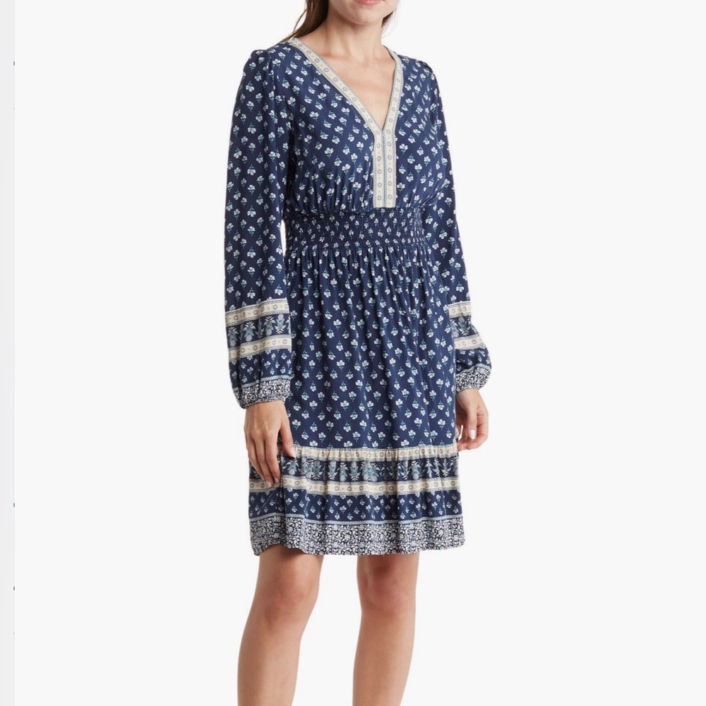 Lucky Brand Dark Blue Patterned Long Sleeve Dress